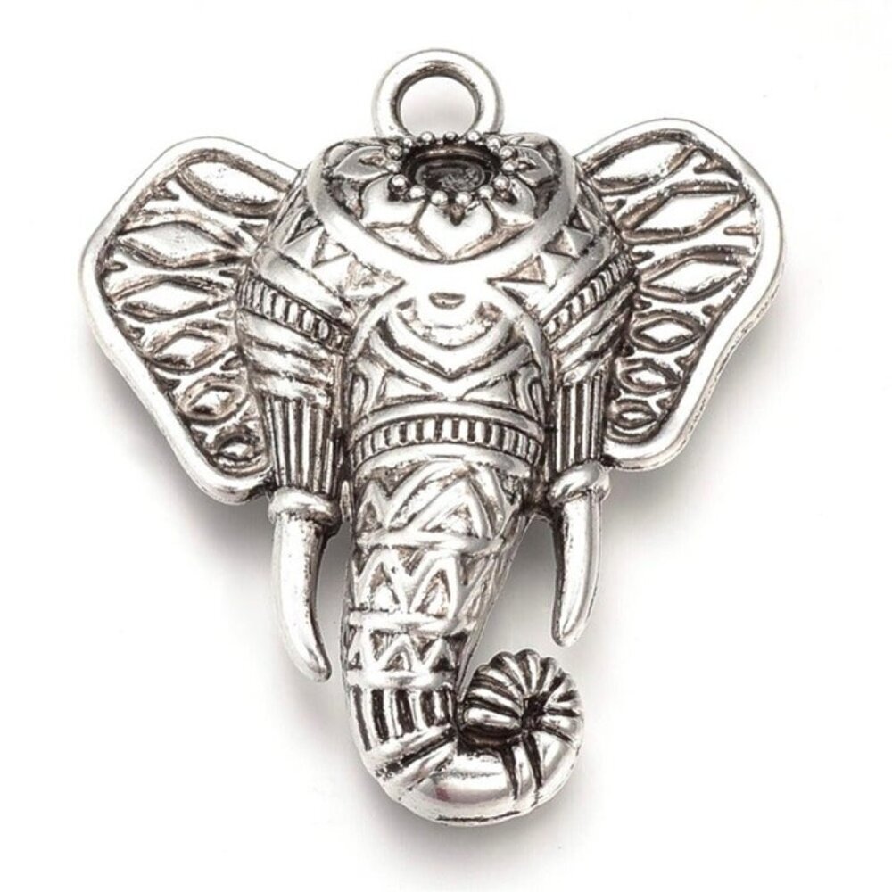 Large Carved Indian Elephant Antique Silver Plated Pewter Metal Pendant